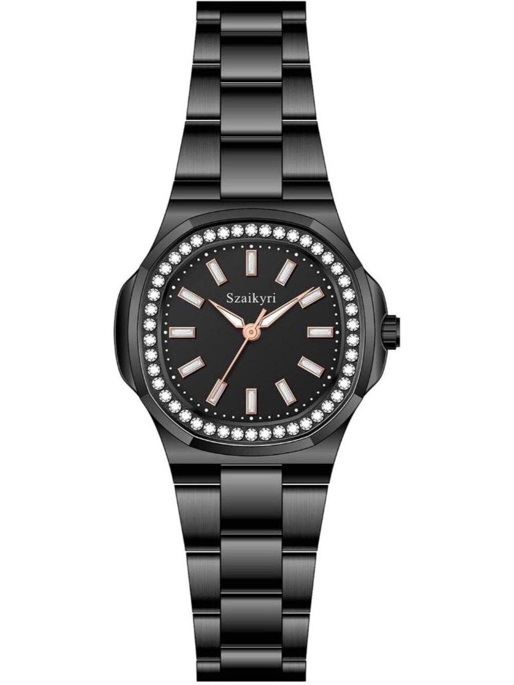 Women's Black Crystal Accented Solid Stainless Steel Band Dress Wrist Watch